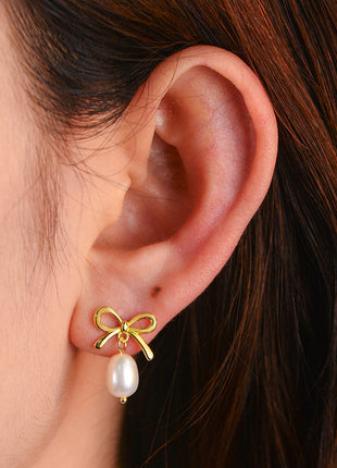 Sterling Silver Pearl Bow Earrings