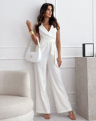 Sleeveless V-Neck High-Waist Tie-Waist Jumpsuit