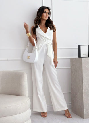 Sleeveless V-Neck High-Waist Tie-Waist Jumpsuit