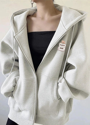 Bear Print Hooded Cardigan Sweatshirt for Women