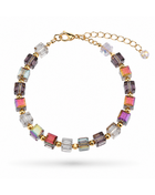 Geometric Crystal Cube Beaded Bracelet – Multicolor Glass Bead Stretch Bracelet with Gold Accents