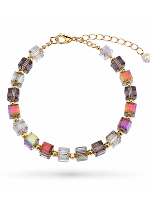 Geometric Crystal Cube Beaded Bracelet – Multicolor Glass Bead Stretch Bracelet with Gold Accents