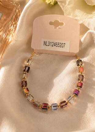 Geometric Crystal Cube Beaded Bracelet – Multicolor Glass Bead Stretch Bracelet with Gold Accents