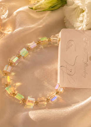 Champagne Aurora Crystal Cube Beaded Bracelet – Gold Accent Stretch Bracelet for Women