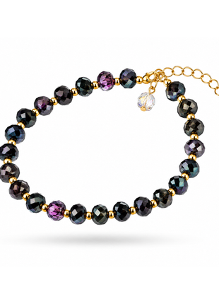 Midnight Aurora Crystal Beaded Bracelet – Faceted Black Glass Bracelet with Gold Accents