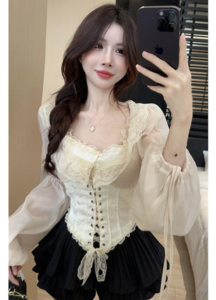 French Court-Style Lace-Up Blouse for Women