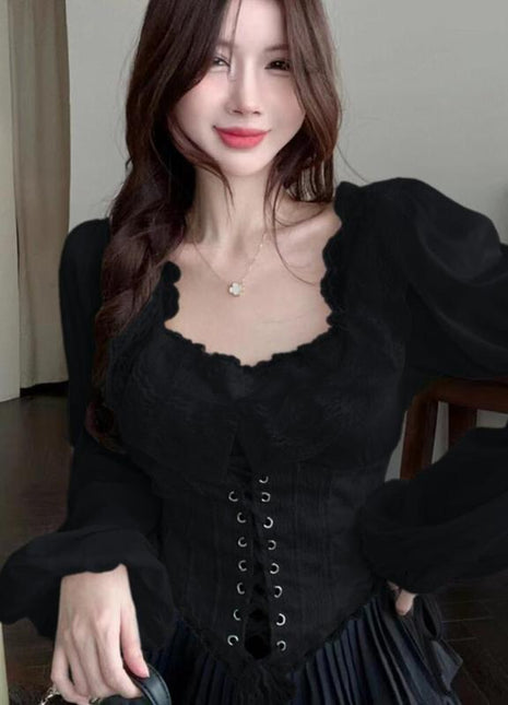 French Court-Style Lace-Up Blouse for Women