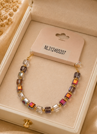Geometric Crystal Cube Beaded Bracelet – Multicolor Glass Bead Stretch Bracelet with Gold Accents