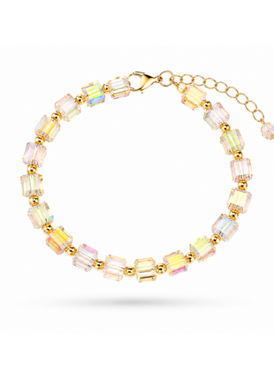 Champagne Aurora Crystal Cube Beaded Bracelet – Gold Accent Stretch Bracelet for Women