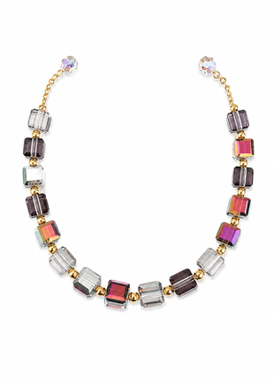 Geometric Crystal Cube Beaded Bracelet – Multicolor Glass Bead Stretch Bracelet with Gold Accents