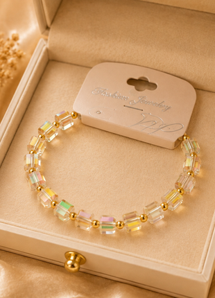 Champagne Aurora Crystal Cube Beaded Bracelet – Gold Accent Stretch Bracelet for Women