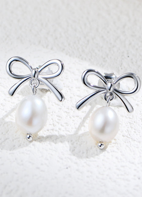 Sterling Silver Pearl Bow Earrings