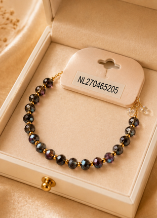Midnight Aurora Crystal Beaded Bracelet – Faceted Black Glass Bracelet with Gold Accents
