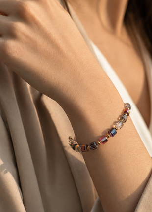 Geometric Crystal Cube Beaded Bracelet – Multicolor Glass Bead Stretch Bracelet with Gold Accents