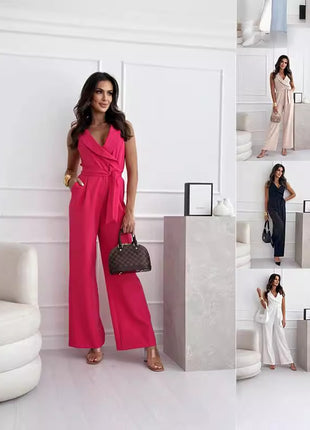 Sleeveless V-Neck High-Waist Tie-Waist Jumpsuit