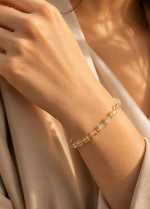 Champagne Aurora Crystal Cube Beaded Bracelet – Gold Accent Stretch Bracelet for Women