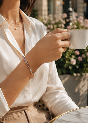 Geometric Crystal Cube Beaded Bracelet – Multicolor Glass Bead Stretch Bracelet with Gold Accents