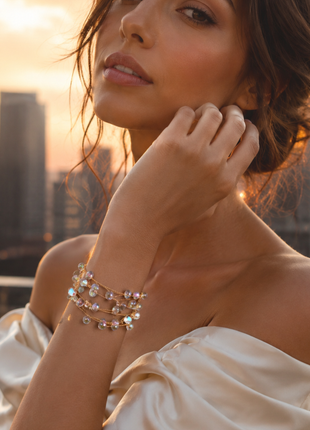 Aurora Crystal Beaded Wrap Bracelet – Iridescent Multi-Strand Gold Wire Fashion Bracelet