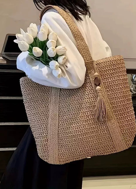 Woven Straw Shoulder Bag with Wide Braid Design