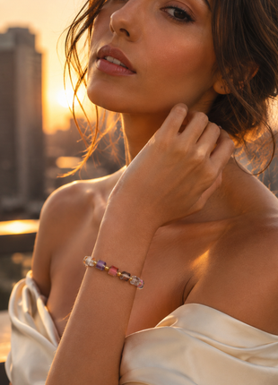 Geometric Crystal Cube Beaded Bracelet – Multicolor Glass Bead Stretch Bracelet with Gold Accents
