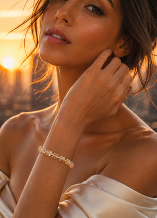 Champagne Aurora Crystal Cube Beaded Bracelet – Gold Accent Stretch Bracelet for Women