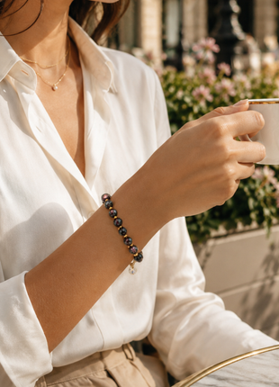 Midnight Aurora Crystal Beaded Bracelet – Faceted Black Glass Bracelet with Gold Accents