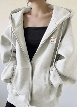 Bear Print Hooded Cardigan Sweatshirt for Women