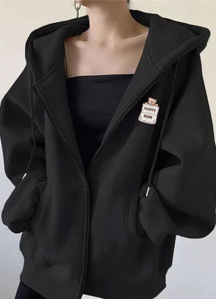 Bear Print Hooded Cardigan Sweatshirt for Women