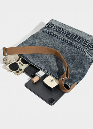 Washed Denim Tote Bag with Printing Design