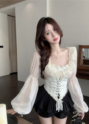 French Court-Style Lace-Up Blouse for Women