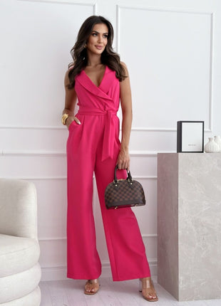 Sleeveless V-Neck High-Waist Tie-Waist Jumpsuit