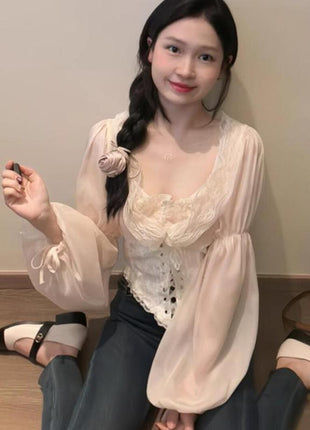 French Court-Style Lace-Up Blouse for Women