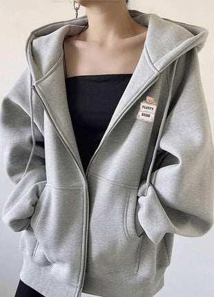 Bear Print Hooded Cardigan Sweatshirt for Women